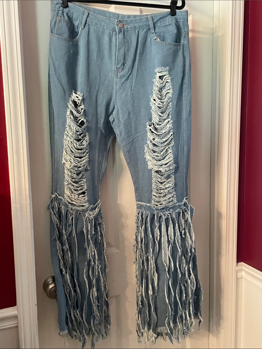 Light Blue Distressed Flare Jeans with 360 Fringe